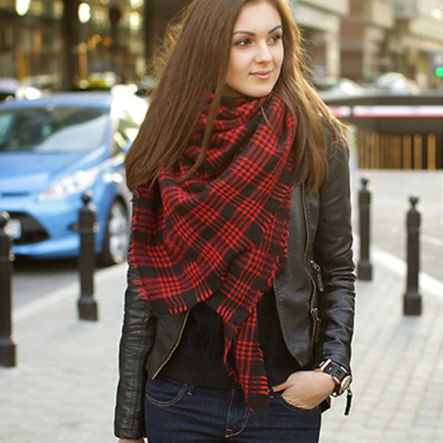 Fashion Lady Faux Wool Scarf Checked Shawl Plaid Wrap Fringe Casual Warm  Outdoor