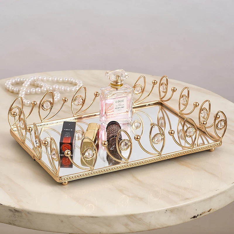 

PEANDIM Luxury Mirror Tray Home Jewelry Display Plate Metal Cake Stand Supplies Wedding Table Plates Party Tableware Decoration