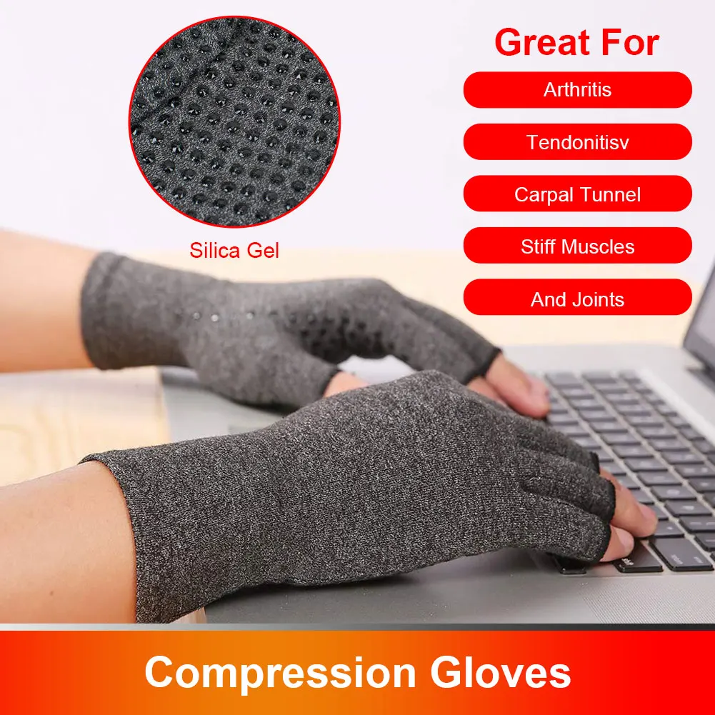 1 Pair Compression Arthritis Gloves Rehabilitation Semi-finger Gloves Hand Brace Nonslip Therapy Wristband for Joint Pain Relief 3