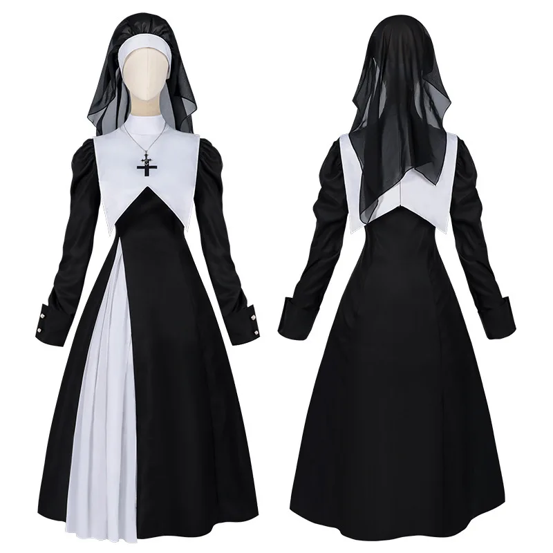 Nun Cosplay Costume Women Uniform Set-Party Halloween Outfit Adult Nun Dress Black Apparel Masquerade Show Costumes