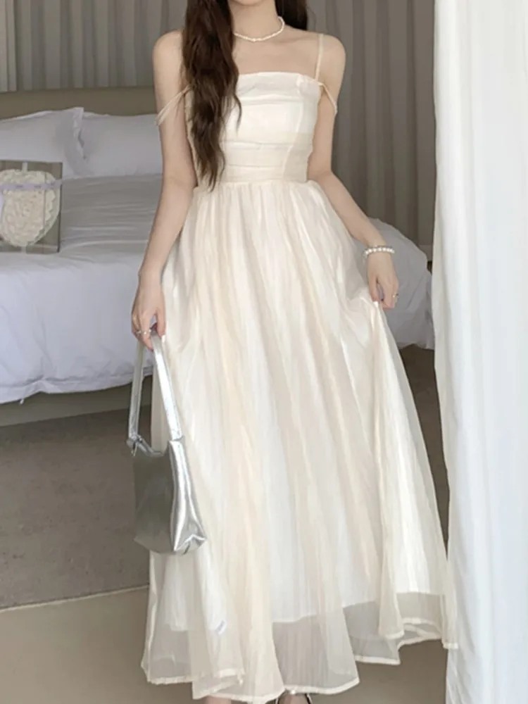 

Vintage Casual Women Summer Dress Spaghetti Strap Elegant Fashion Party Evening Robe Female Solid Chic Prom Vestidos New