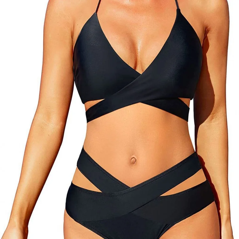 New Women's Seperated Swimwear Floral Color Matching High Waist Cross Bikinibikini