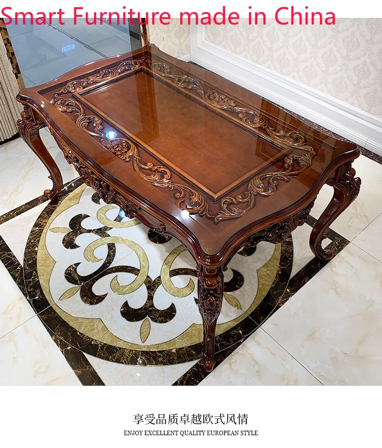 

European-Style Solid Wood Dining Table Living Room Luxury Villa French Glass Dining Table American Retro Furniture