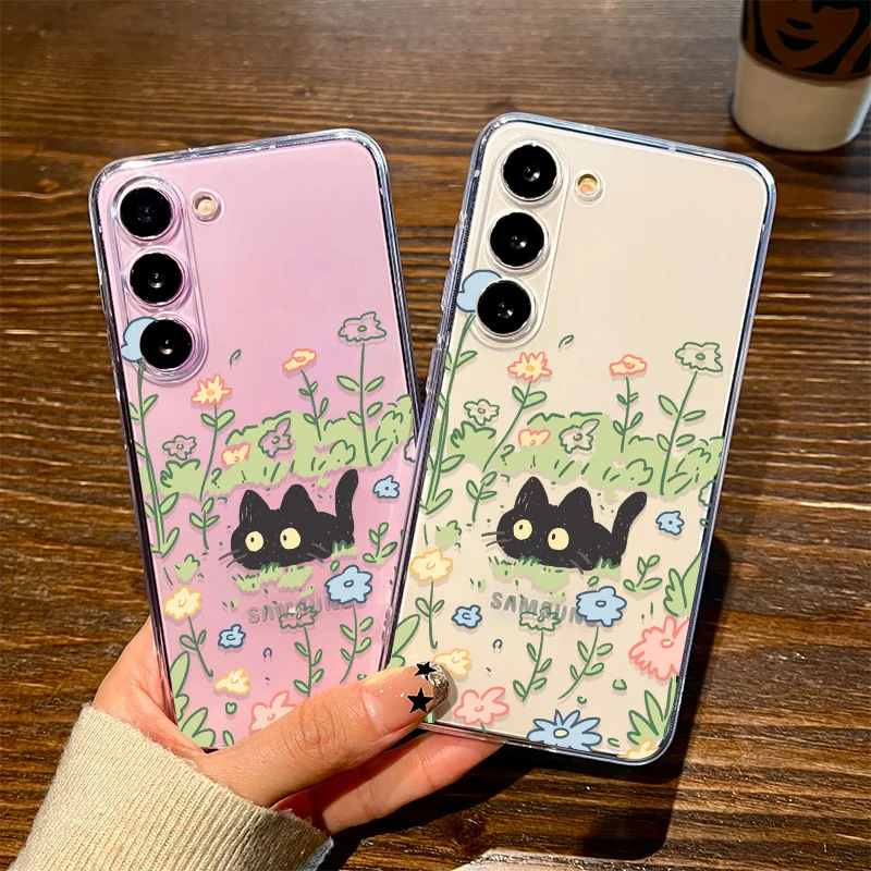 Cute Cartoon Black Cat Floral Clear Phone Case Cover