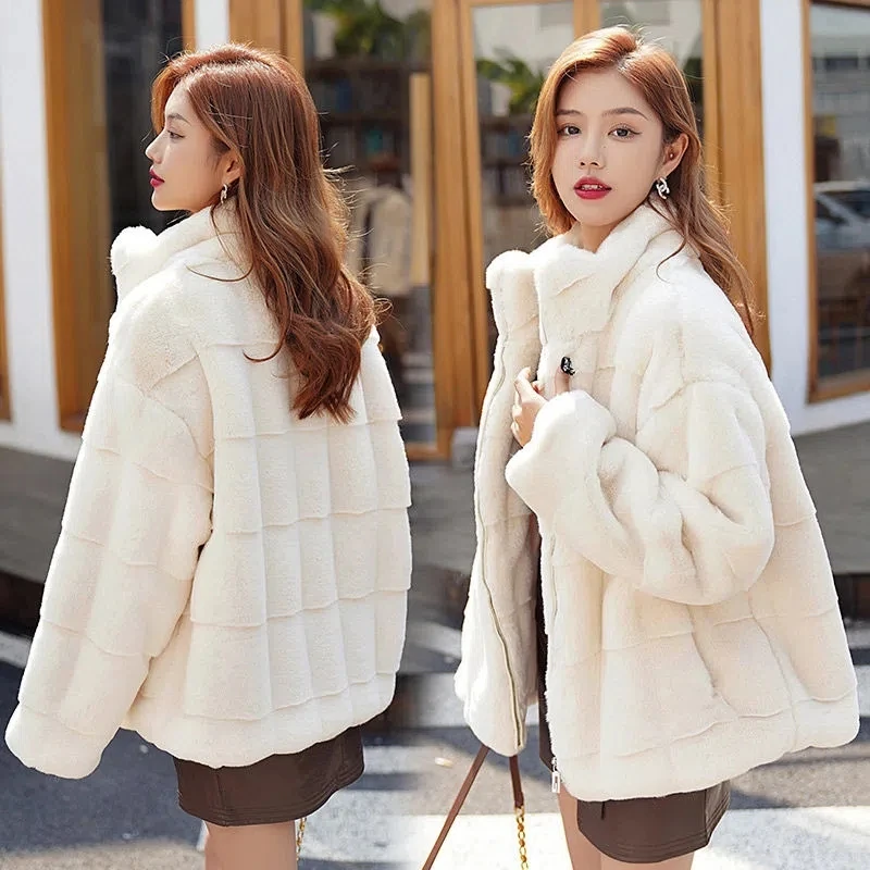 Korean Fashion Women Short Faux Mink Fur Coat Long Sleeved Splicing