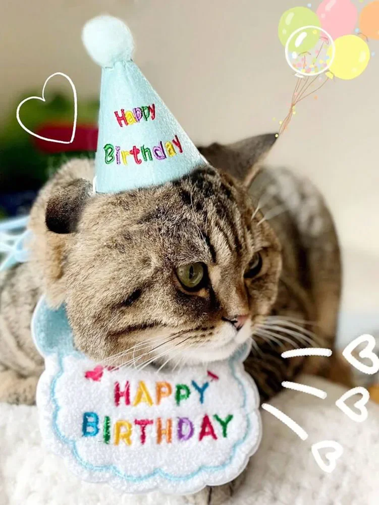 Cat Dog Birthday Bib and Party Hat Mini Doggy Cat Adjustable Bandana Scarf Pet Birthday Outfit Puppy Supplies