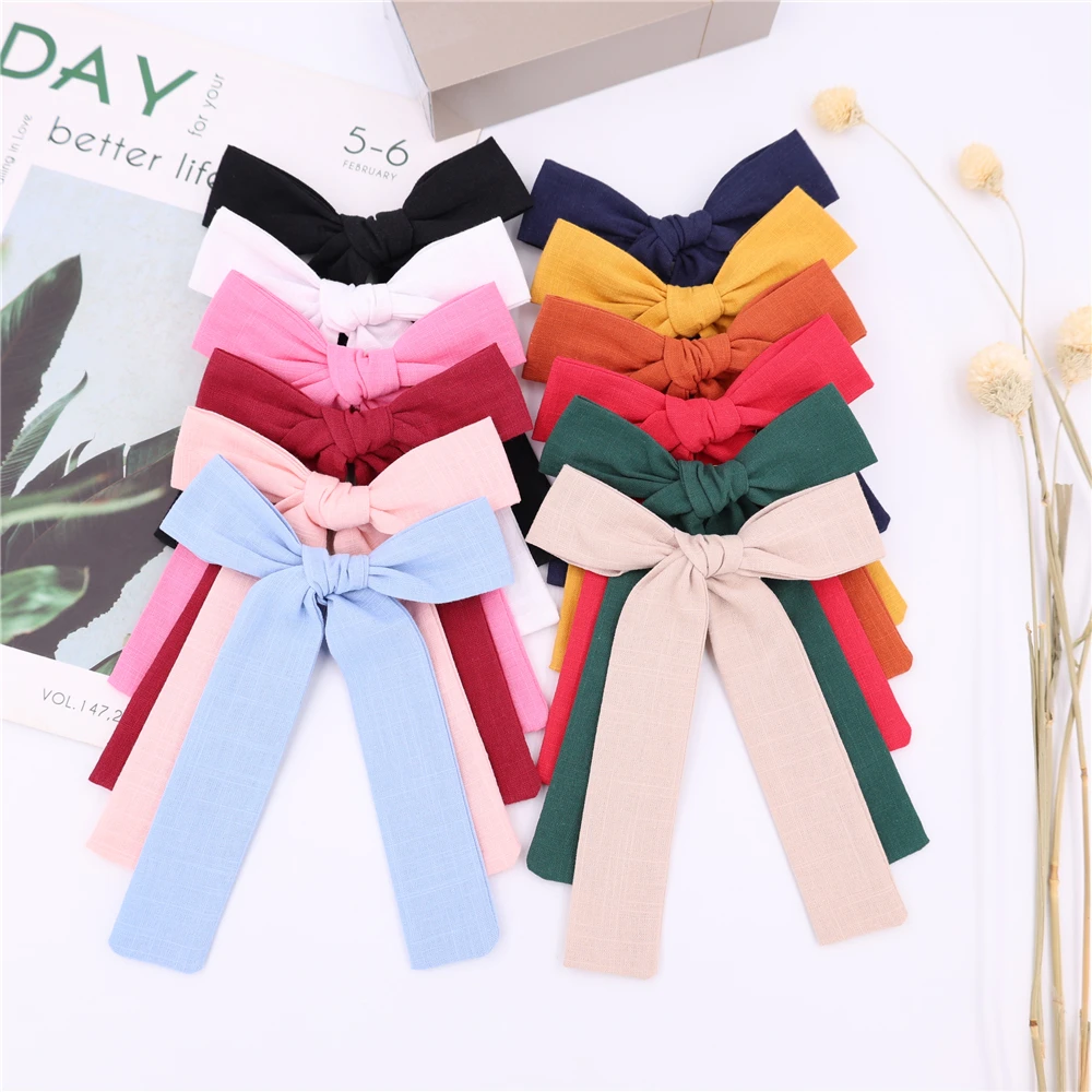Long Tail Linen Hair Bow Clips for Little Girl Kids Mom Women Ponytail Knot Bows Alligator Clip Hair Accessories
