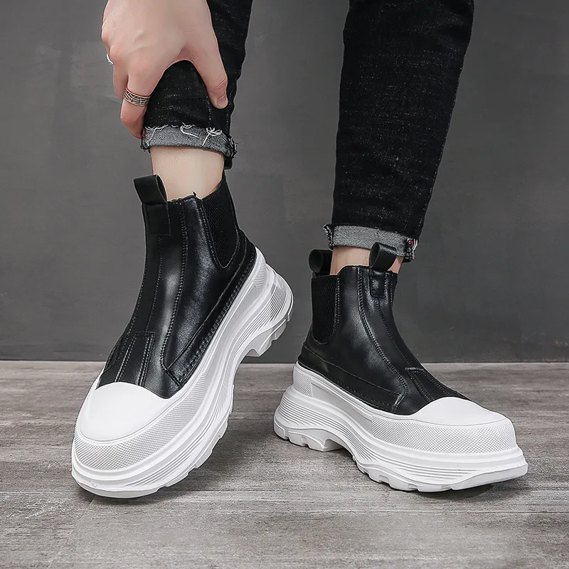 Men's Best Fashion Leather Boots Autumn New Thick-soled Lightweight High Boots High-top Trend Casual White Shoes Chelsea