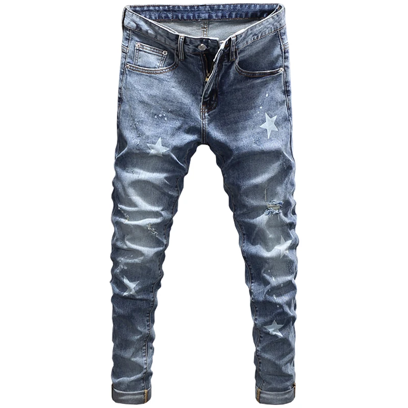Street Fashion Men Jeans Retro Blue Elastic Stretch Slim Fit Ripped Jeans Men Stars Printed Designer Vintage Denim Pants Hombre