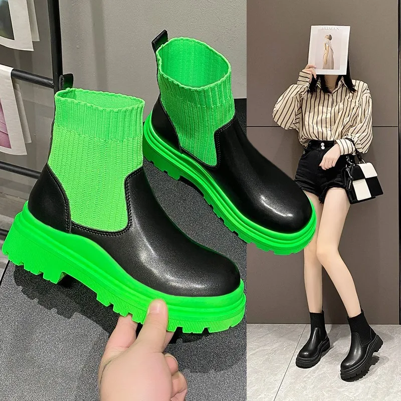 

Женские ботинки на платформе в британском стиле ретро, новинка 2023, эластичные повседневные короткие ботинки, женские ботильоны на толстом каблуке, женская обувь