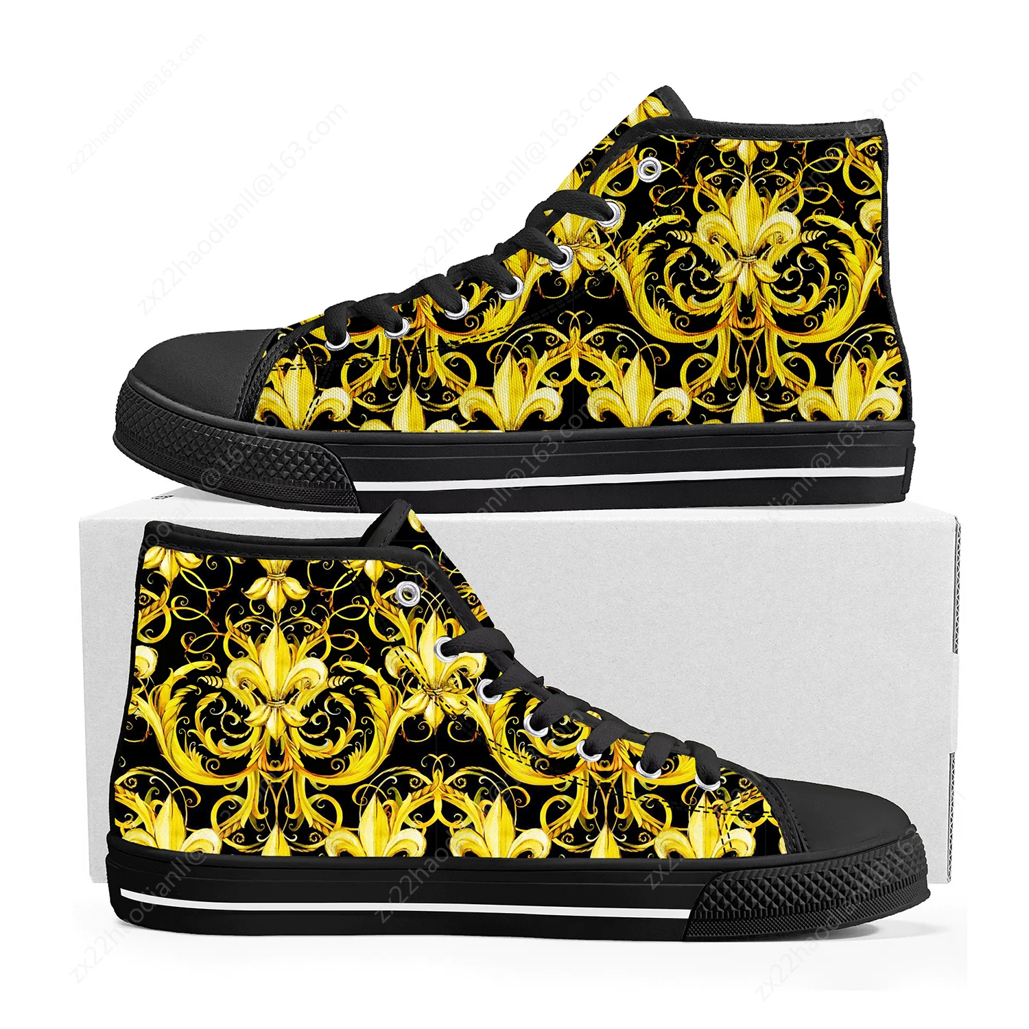 Hot Luxury Golden Floral Prints High Top Sneakers Mens Womens Teenager Canvas Sneaker Baroque European Casual Shoes Custom Shoe