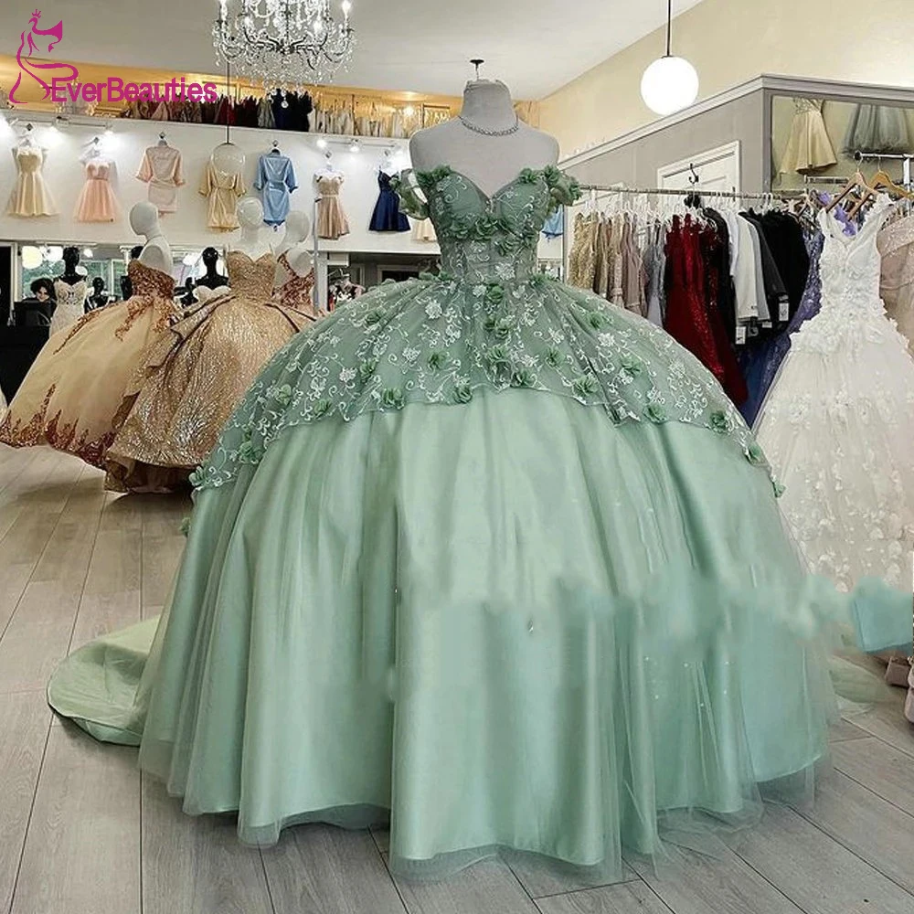 SageGreenFloralLaceHandmadeFlowersQuinceaneraDressesBallGown