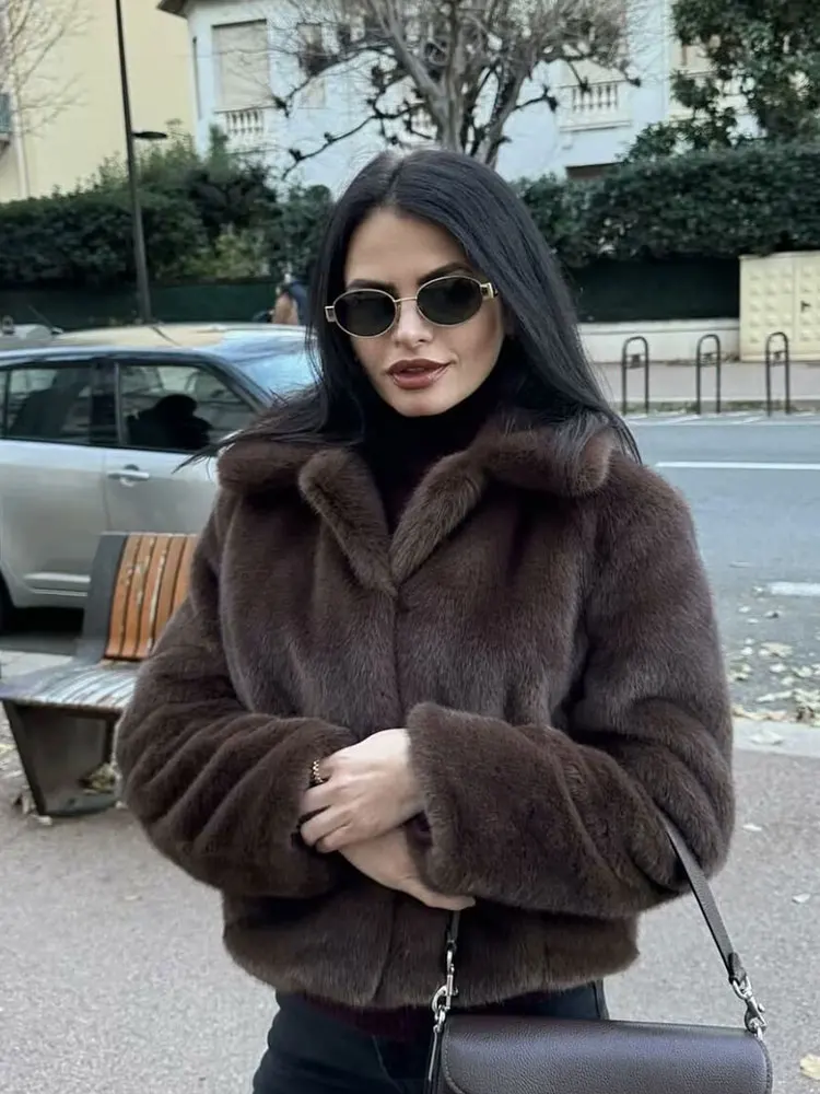 HH Women Casual Brown Short Faux Fur Coat Turn-Down Collar Long Sleeve Jacket 2025 Autumn Winter Loose High Street Outwear
