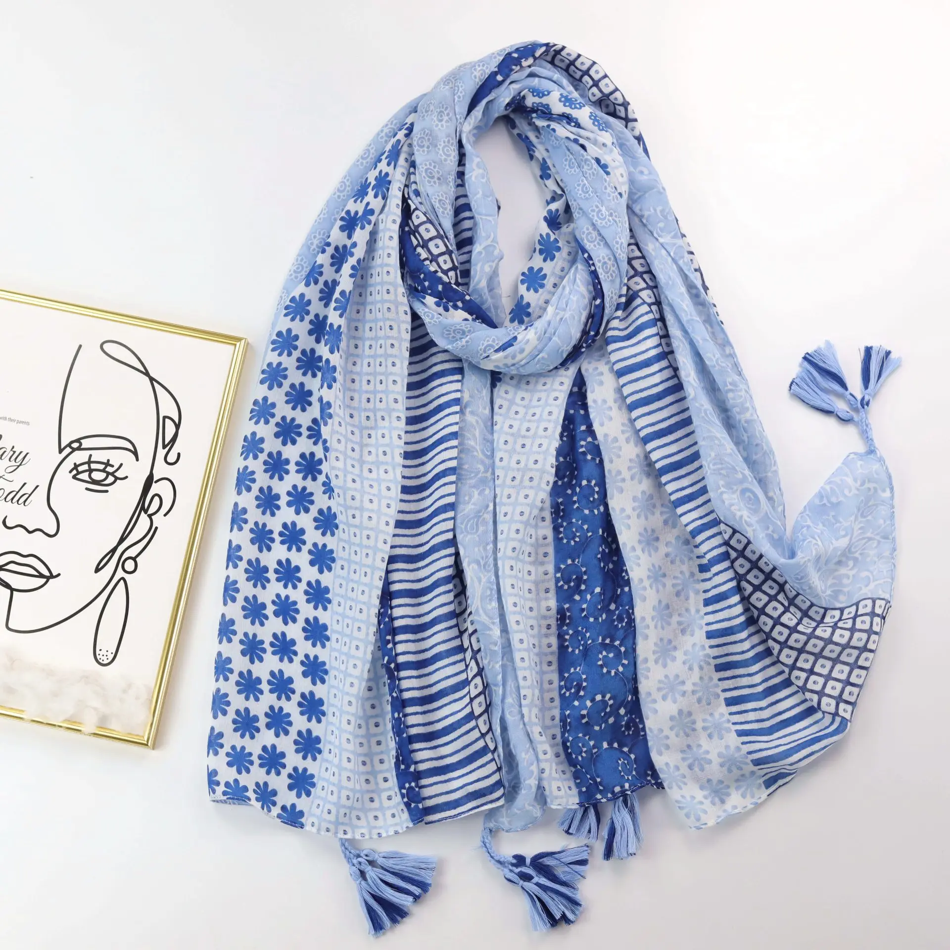 

Newest 80*180cm Blue Floral Printing Beach Shawl Scarf Lady High Quality Spring Summer Foulard Muslim Hijab