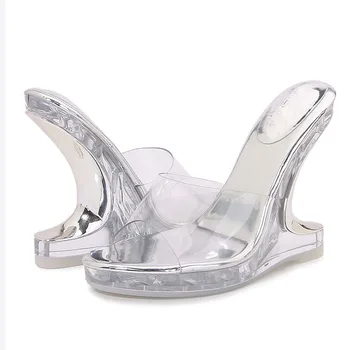 LIHUAMAO strange style crystal sandals for women wedges clear heels sandals pumps open toe shoes party wedding dacning 1