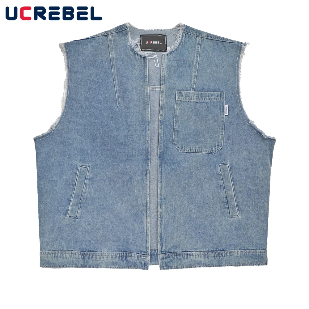 Multi Pocket Denim Vest Mens Streetwear 