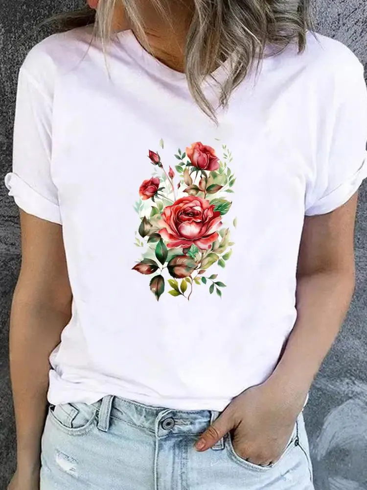 Flower Sweet Trend Cute 90s T-shirt Ladies Fashion Basic Women Graphic Short Sleeve Clothing Tee Top Clothes Print T Shirt