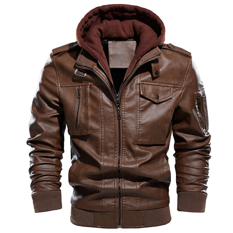 Leather Jackets Men Winter Jacket Vintage Hooded Collar Club Bomber PU Leather Motorcycle Casual
