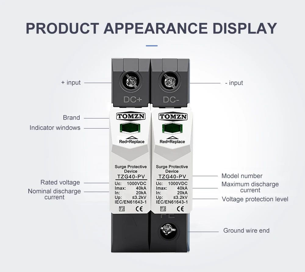 DC SPD 1000V 800V 600V 500V 20-40KA House Surge Protector Protective Low-voltage