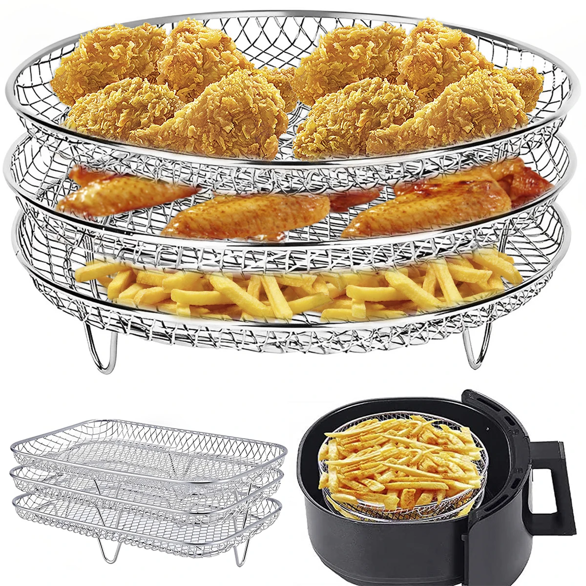 Air Fryer Basket Roasting Rack Stainless Steel BBQ Grill Three