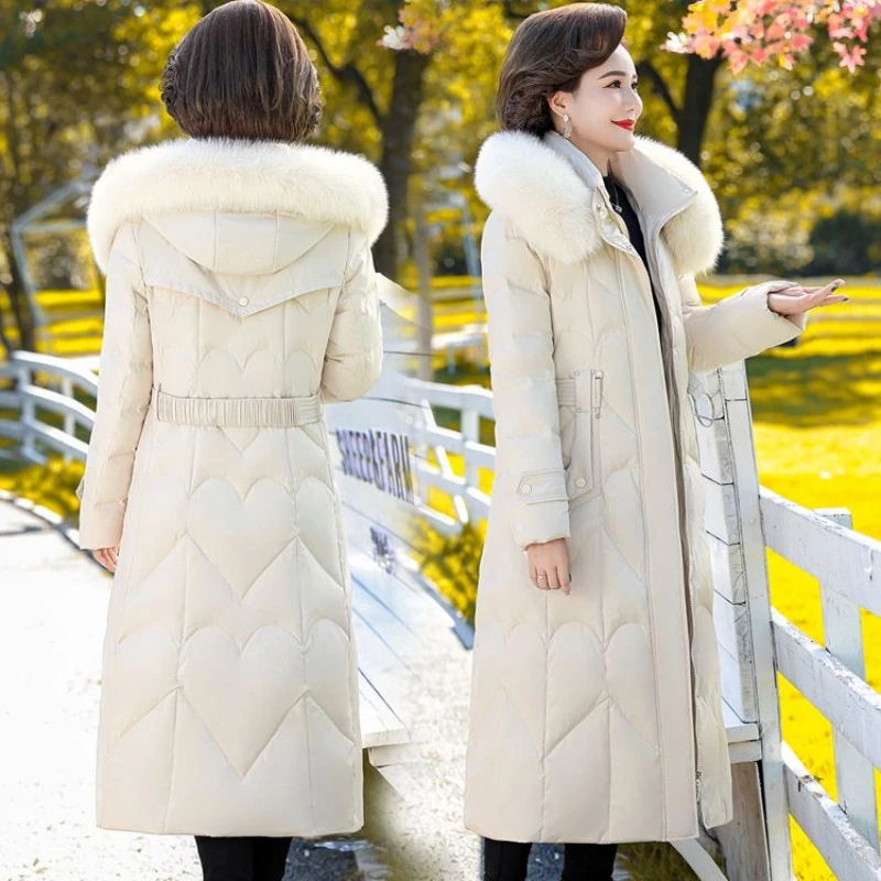 2023 Winter New Middle-Aged Women Down Jacket Long Below The Knee Large Size Thick Warm Outwear Fashion Slim Fit Hooded Parkas