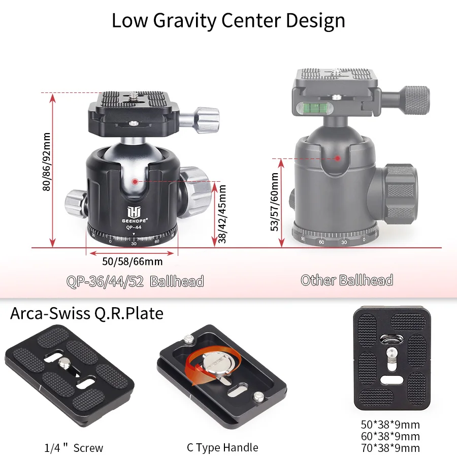 QP-36/44/52 Tripod Ballhead of Low Gravity Center 360° Panoramic Metal BallHead