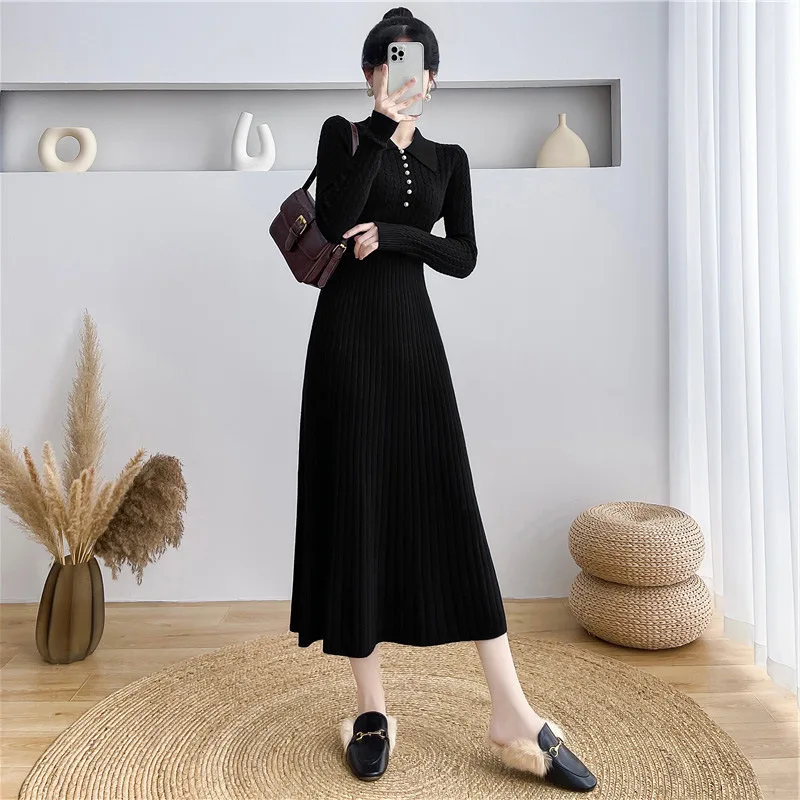 Ribbed Autumn Knit Long Dress For Women Fashion High Waist Elegant Solid Long Sleeve Dress Lapel Loose Knitwear Maxi Dress