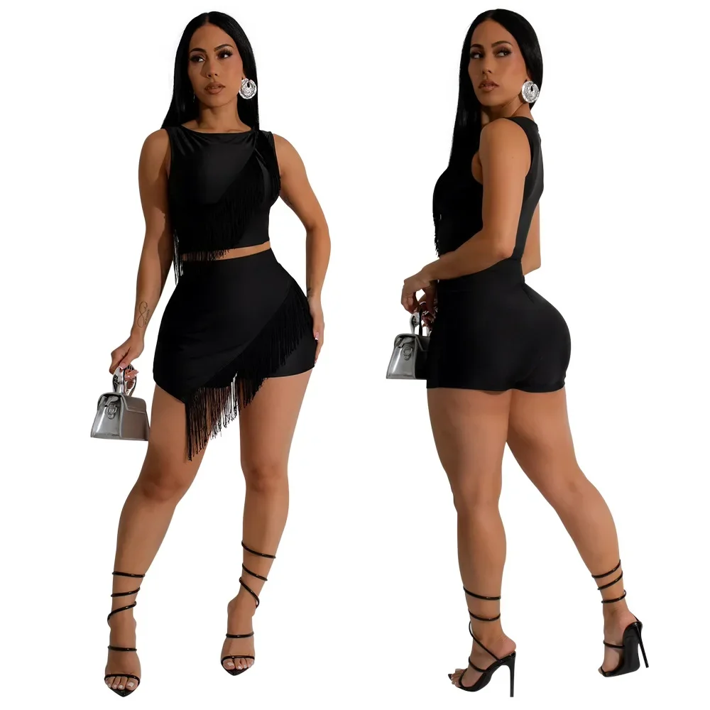 Women Shorts Set + Tassel O-neck Top Two 2 Piece Set Outfits 2024 Summer Casual Sleeveless Fitness Street Tracksuit