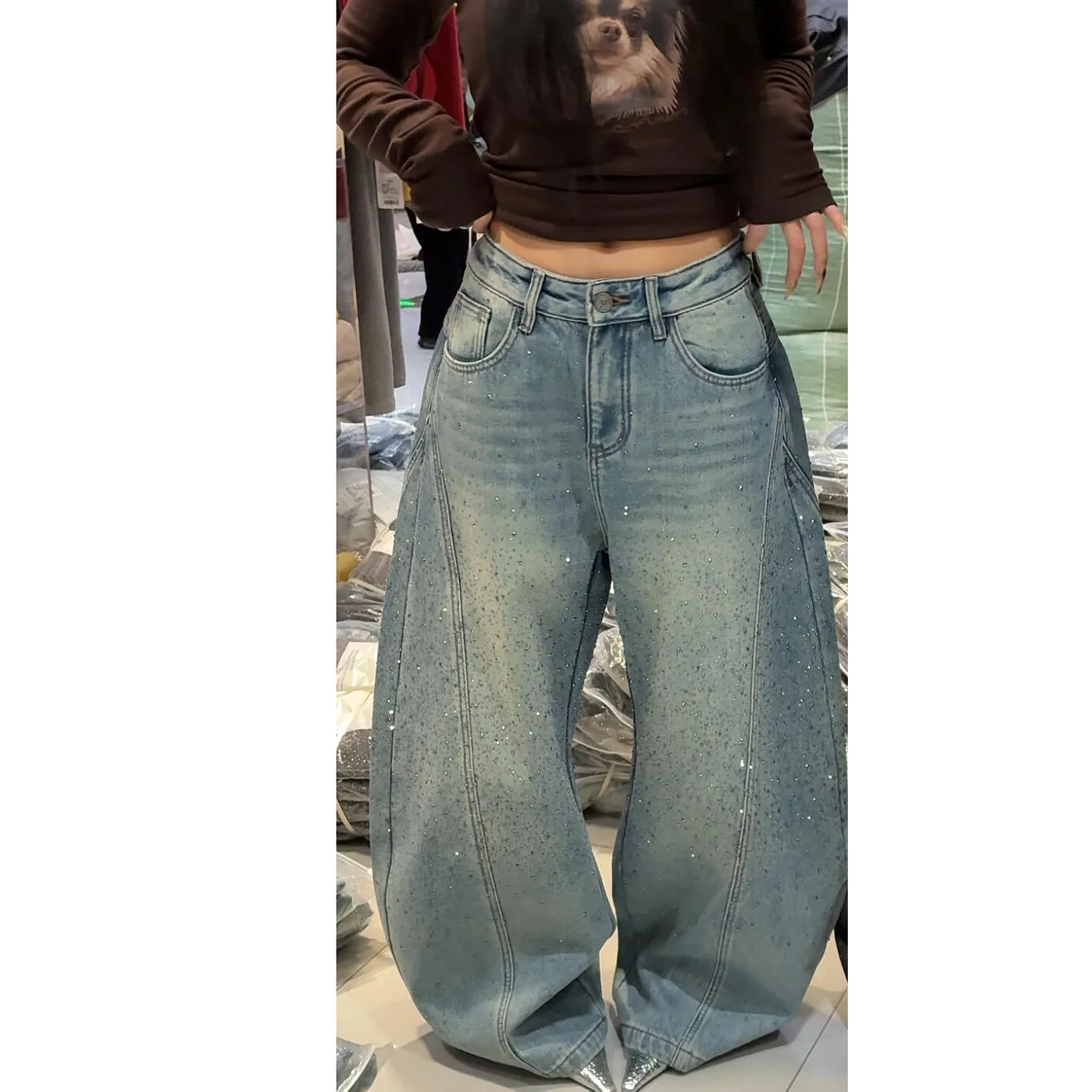 بنطلون جينز نسائي جديد بتصميم واسع الساق مزين بالأحجار اللامعة، جينز فضفاض بطول كامل
