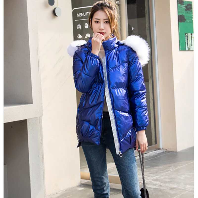 2022 new Winter Glossy Jacket For Women blue Parka Female Bread Winter Down Parkas Parka Cotton Padded Shiny Waterprooft Coat