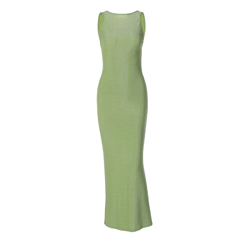 New Solid Color Women's Round Neck Sleeveless Sexy Backless Dress Fashionable Slim Fit Long Split Hip Green Dress Evening Dress