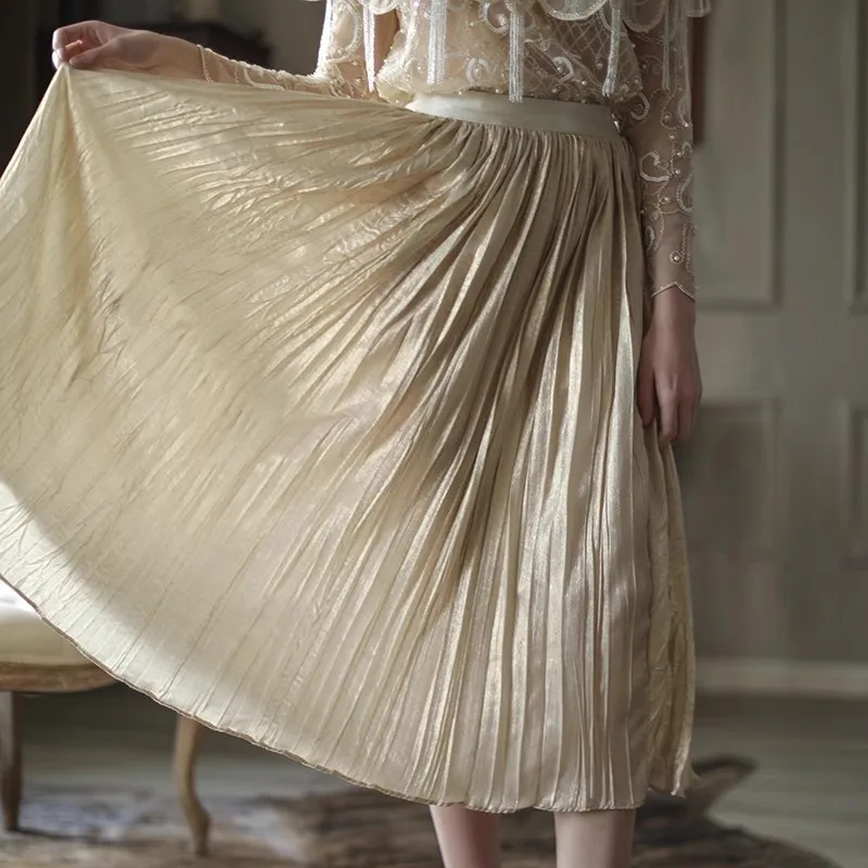 

60-90cm Elastic Waist Spring Summer Women All-match Flowy Pleated Skirts