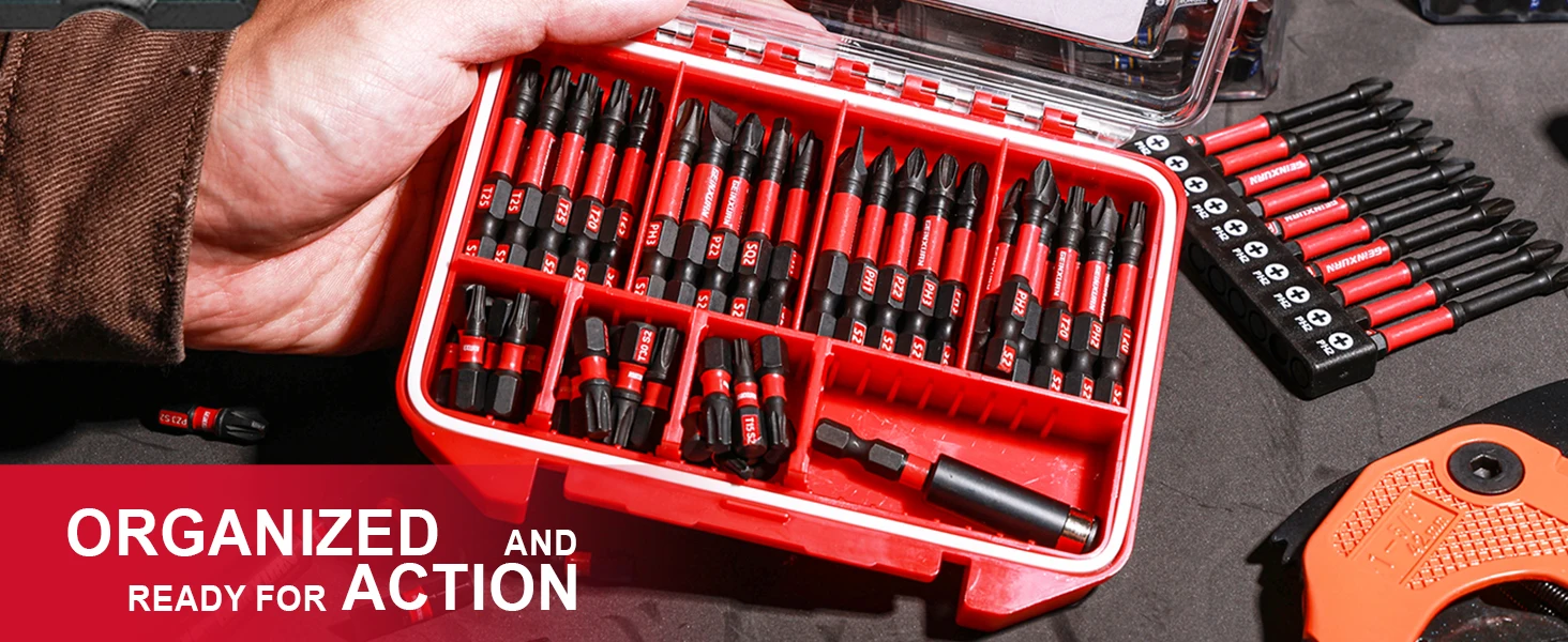 Geinxurn Schlagschrauber-Bits-Set, Kofferaufbewahrung, magnetisch, S2-Stahl, mit mehreren Einsätzen, Power-Bits-Spitzen mit Bithalter und Mutterschrauber – Detail 5