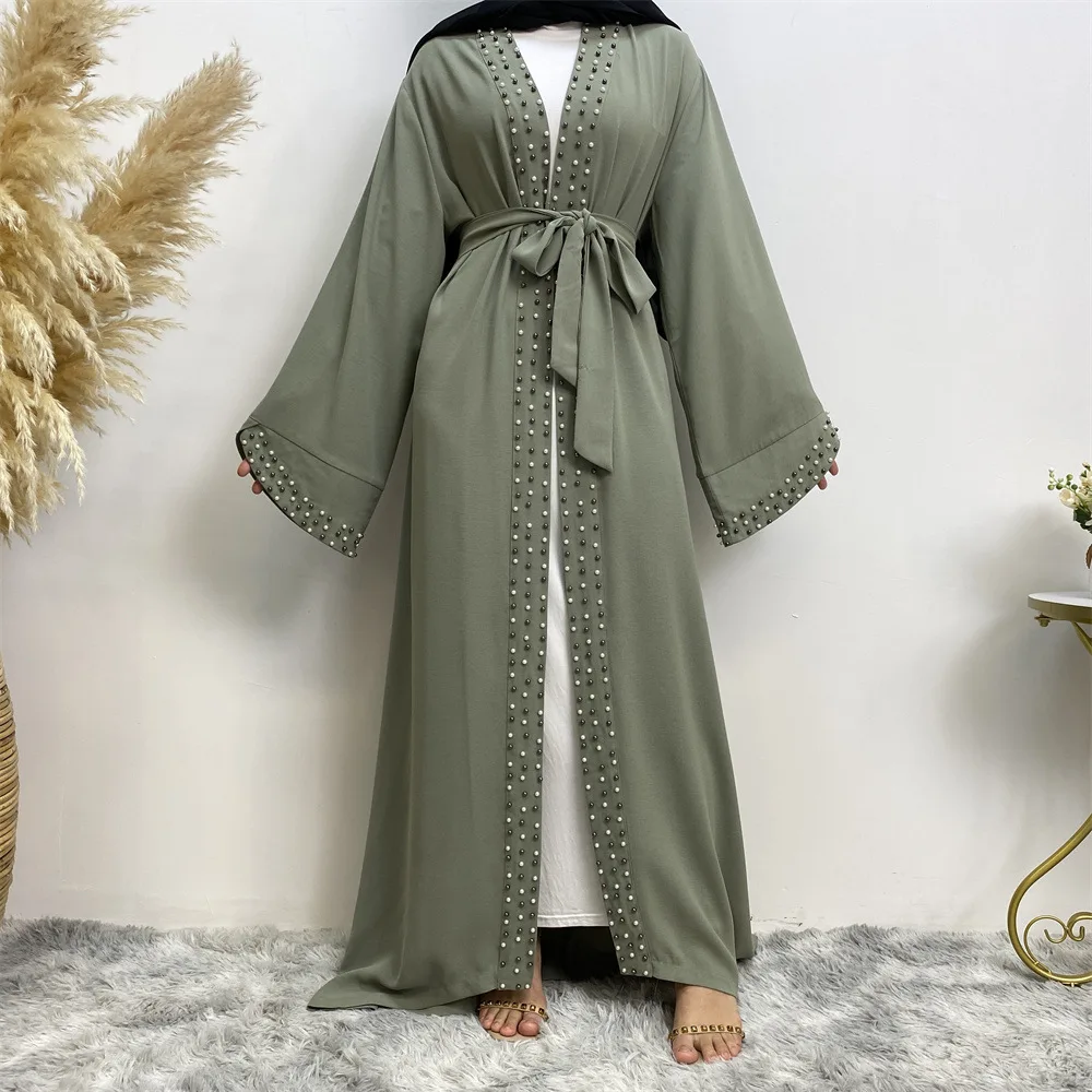 Dubai Nail Bead Kimono Sleeve Cardigan Women Open Front Robe Muslim Islamic Lace Abaya Kaftan With Belted Ramadan Dress