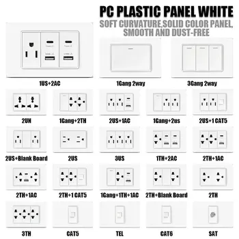 118*75mm PC plastic panel socket US Wall Socket Thai USB Socket Plug with Dual USB Type-C Ports,Light Switch 110V