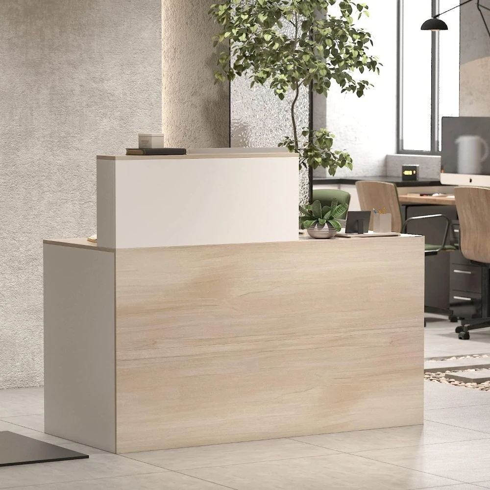 Rectangular Wood Reception Desk See Working Oak Brown Glam Modern Contemporary MDF Finish Cabinet Drawers Shelves