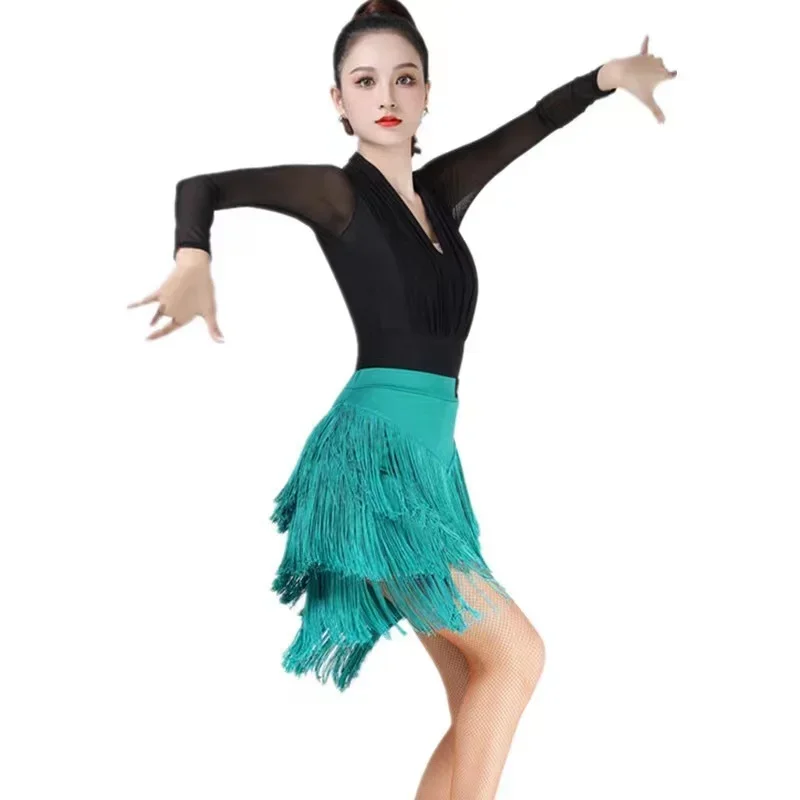 One Piece Ballroom Rumba Samba Tassels Dancewear Adult Female Training Chacha Performance Costume Women Latin Dance Skirt dance dress dance skirt