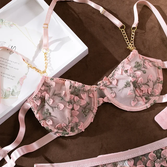 Embroidered Flower Lingerie Three Piece Set 3