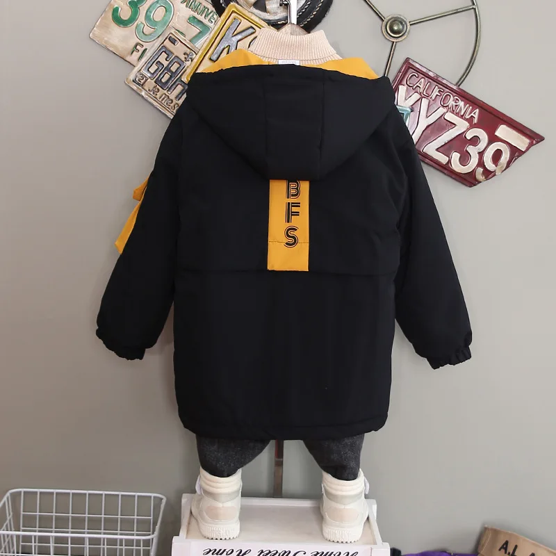 Winter Boys Warmth Contrast Fleece Padded Jackets Hooded Student Therme Long Coats Kids Parka Children Outfits For 3-13 Years