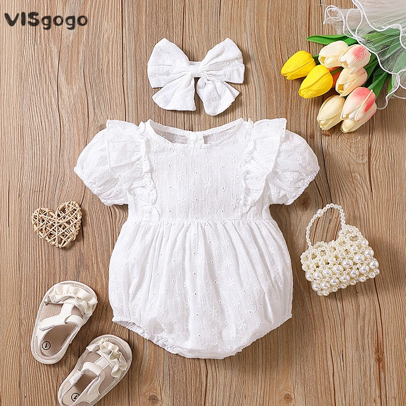

VISgogo Baby Girls Romper Set Short Sleeve Crew Neck Ruffle Embroidery Patchwork Romper with Bowknot Headband Baby Summer Outfit