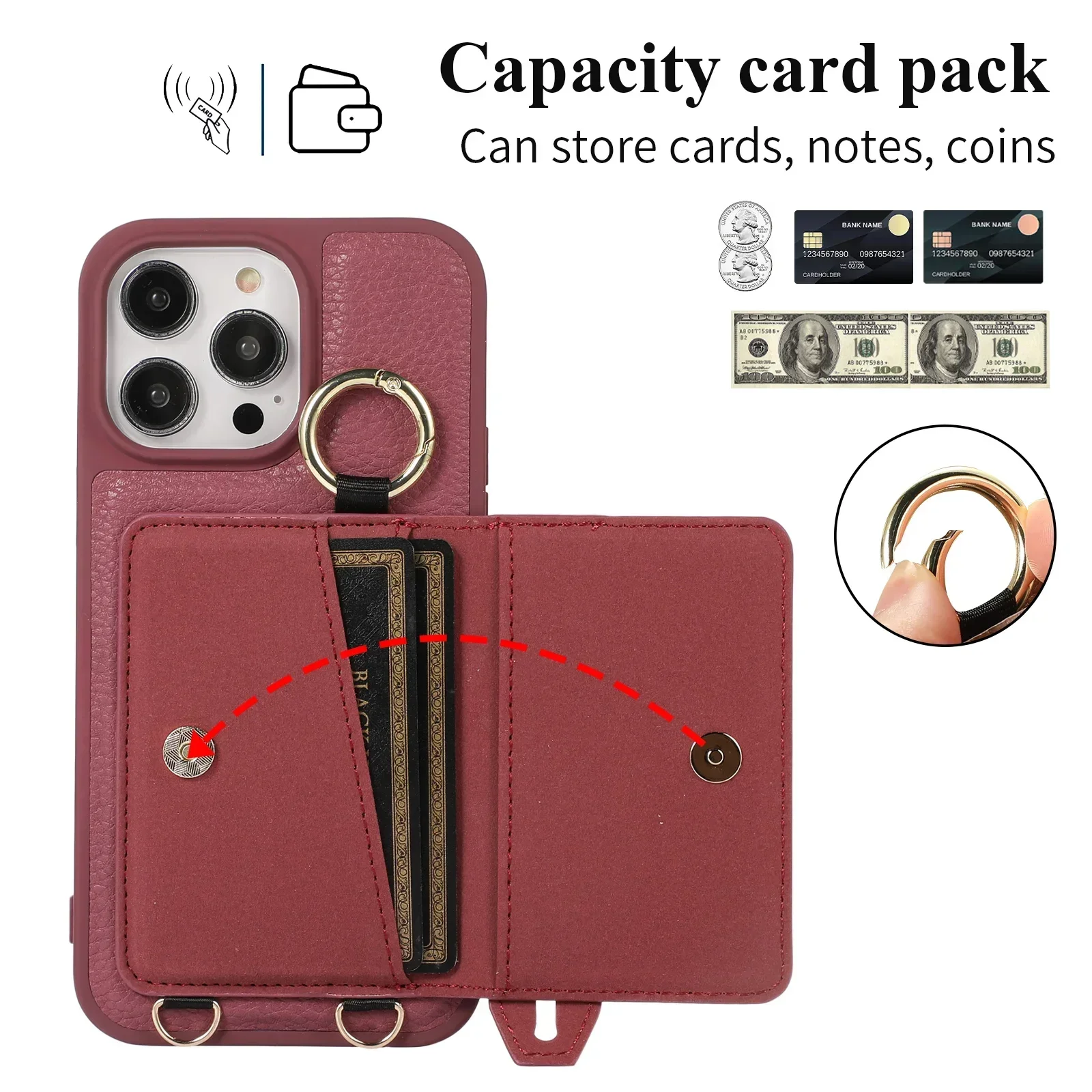 Leather Wristband Wallet with Card Slot and Crossbody Design, Featuring Ring Holder and Lanyard