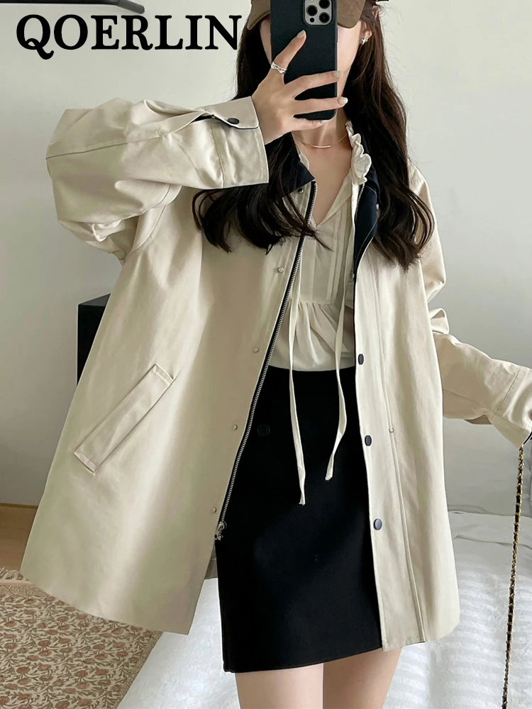 QOERLIN Vintage Preppy Style Midi Trench Women Spring Autumn Overcoat Zipper Fly Coat Female Outerwear with Pockets