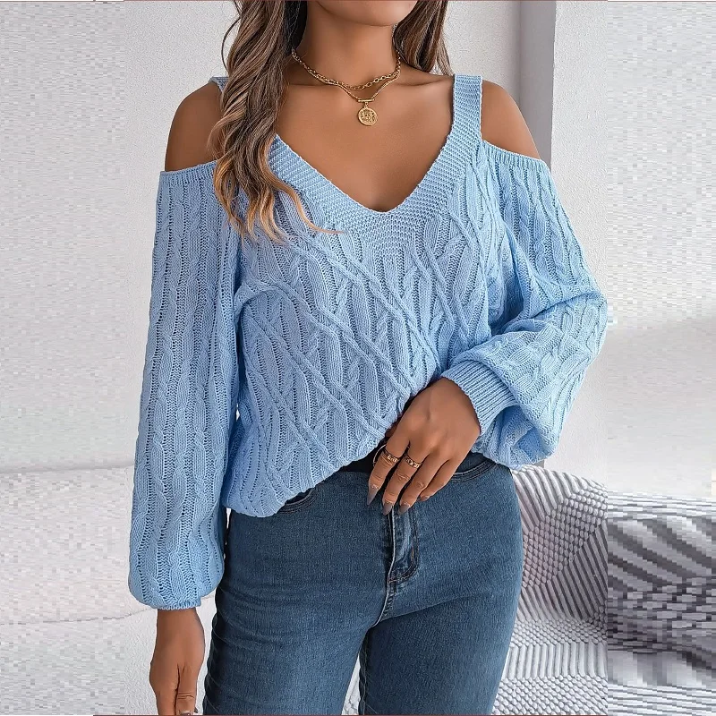 

Casual Loose Twists Knit Sweater Pullover for Women' Pullovers 2023 New Chic Sexy Off Shoulder Solid Full Lantern Sleeve Sweater