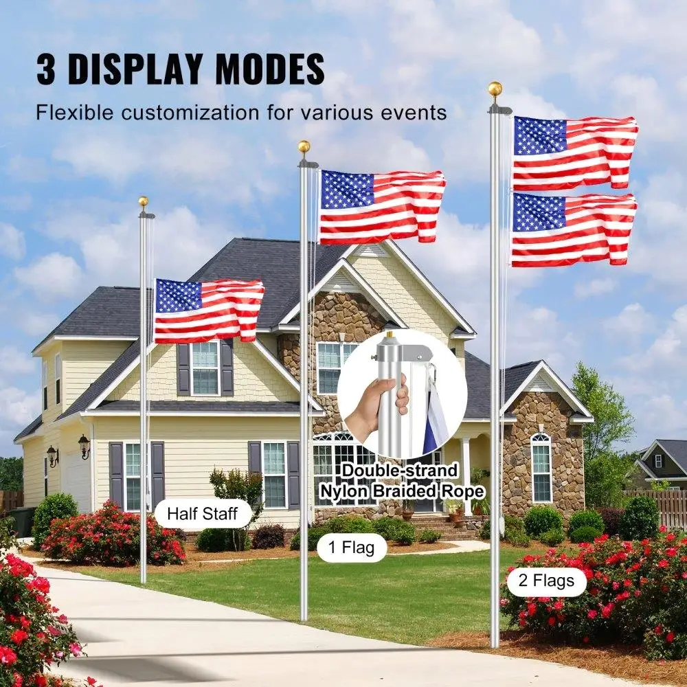 20FT Detachable Flagpole Kit Heavy Duty Aluminum Flag Pole American Silver