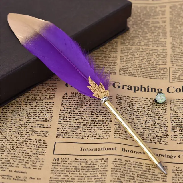 1 Set Feather Fountain Pen Calligraphy Pen Quill Oblique Fountain Luxury Pen Ink +5pcs Nib Metal for Fancy Font Office Supplies Purple Ballpoint Pen