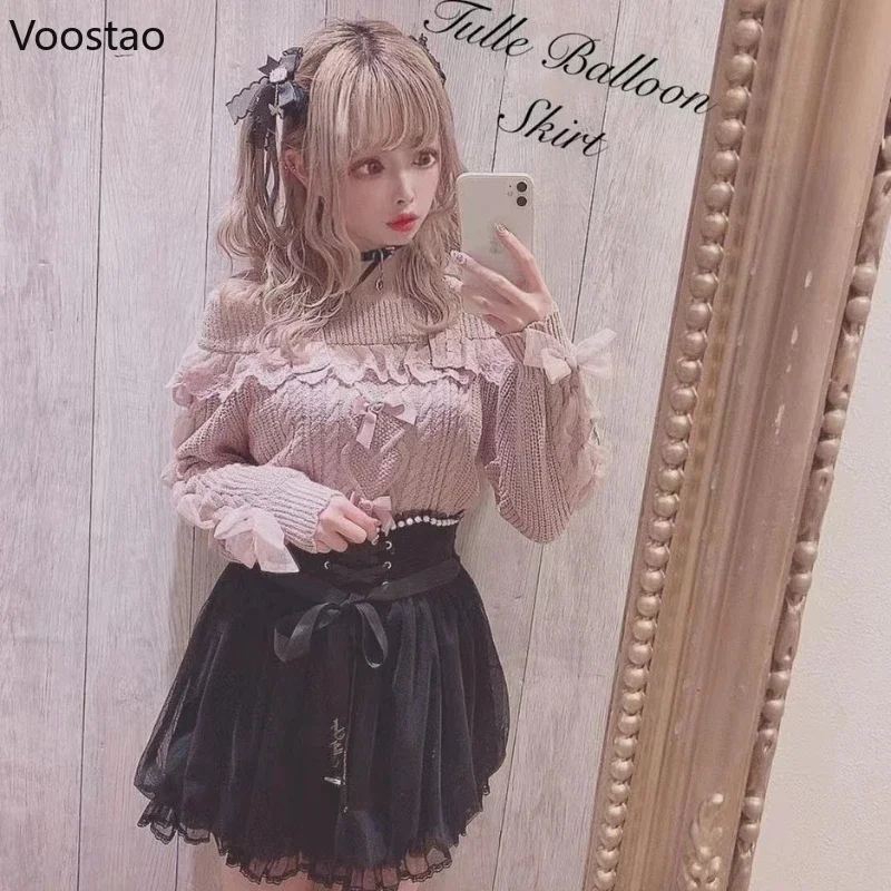 Vintage Sweet Lolita Style Knitted Pullover Autumn Girls Cute Off Shoulder Lace Ruffles Bow Sweater Women Harajuku Knitwear Tops 5