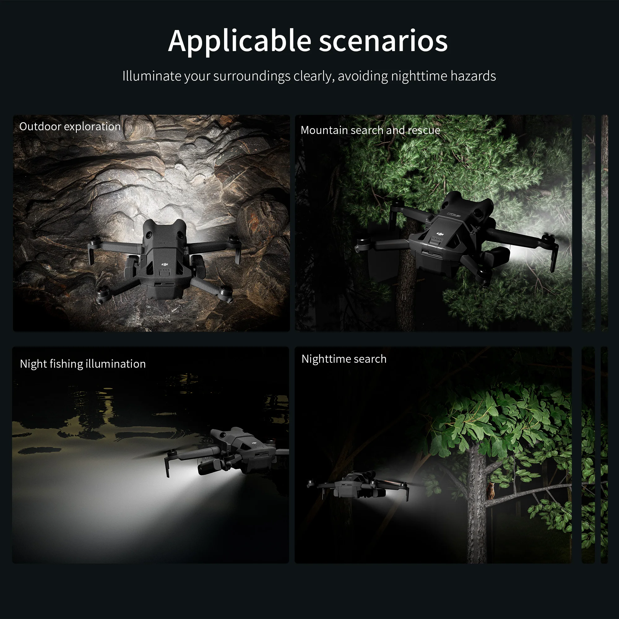 Lampe de navigation LED pour DJI Mini 4 Pro visible de face avec faisceau lumineux.