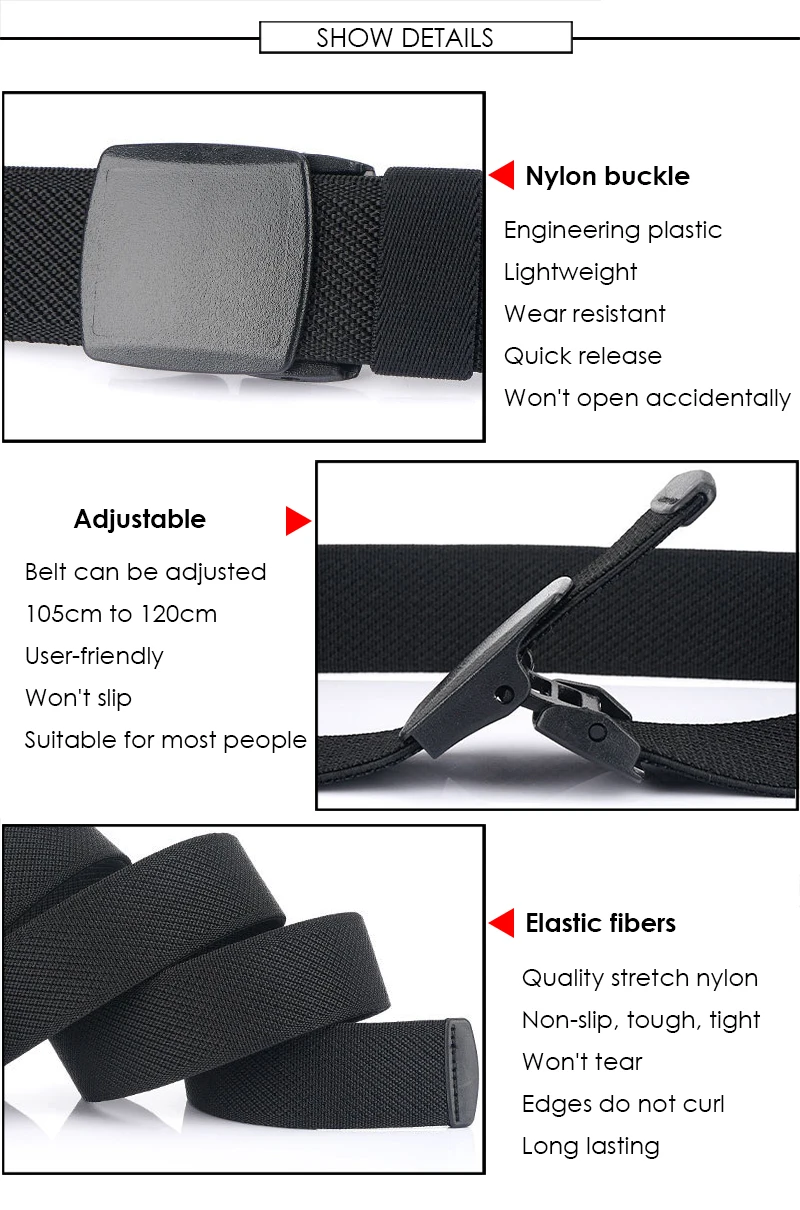 95cm-120cm Metal-free Elastic Belts for Men Women Hard Plastic Buckle Stretch Belt Male Trouser Girdles Waistband Black