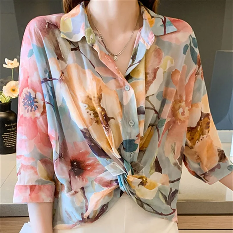 Korean Commuter Summer New Women's Turn Down Collar Printing Lacing Single Breasted Fashion Simple 3/4 Sleeve Loose Shirt Tops