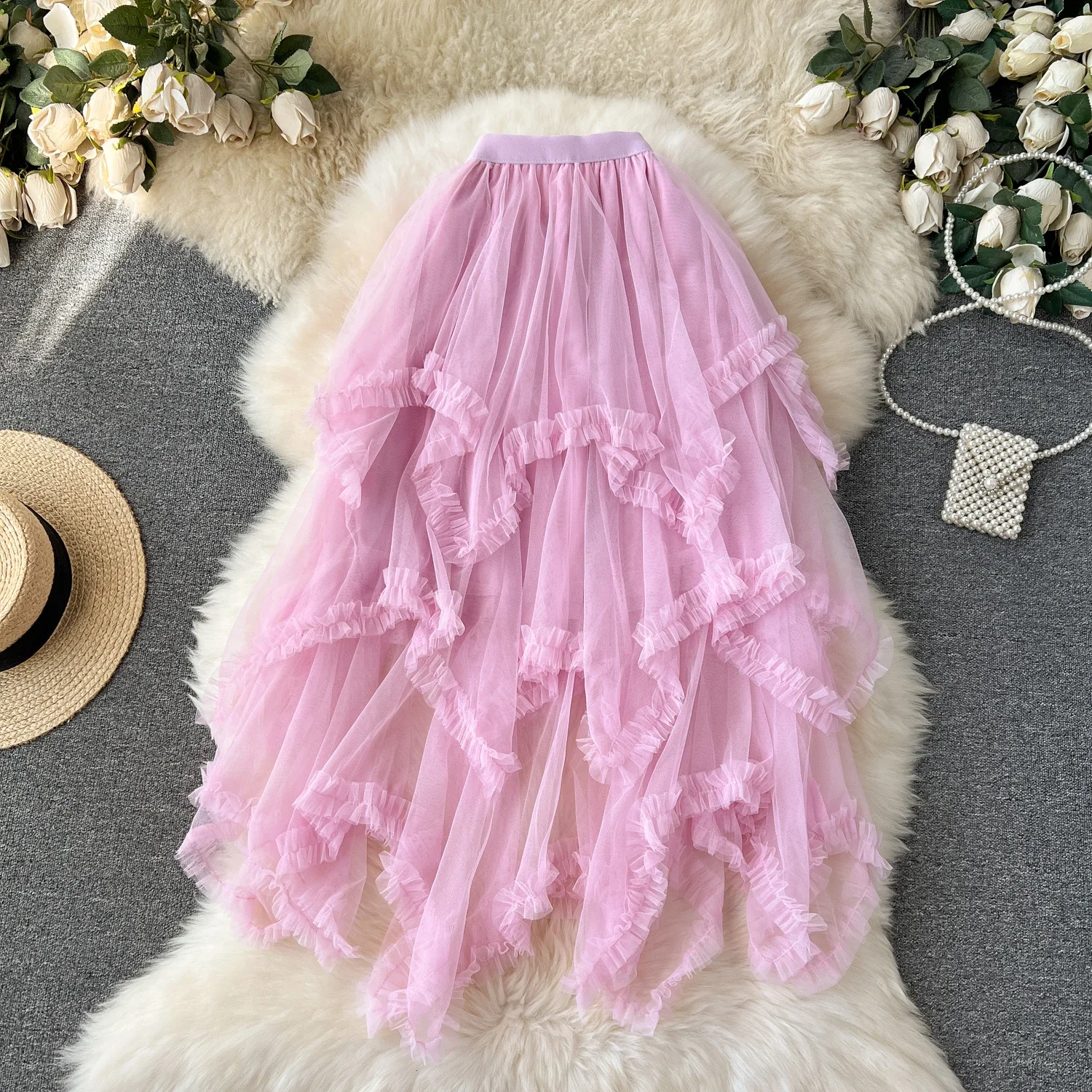 

Women Chic Ruffle Tiered Solid Gauze Ball Gown Asymmetrical High Waist Elegant Korean Fashion Long Skirt Casual Summer Clothing